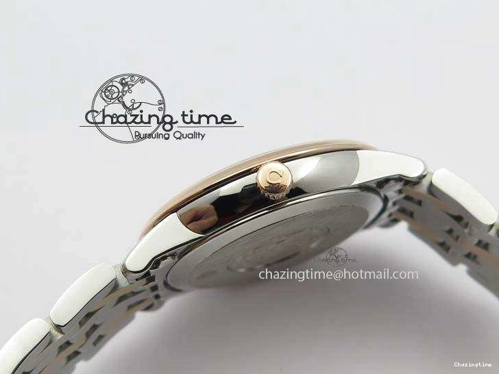 0426 De Ville 27mm SS RG Ladies MK 1:1 Best Edition White MOP Dial Diamond Markers On SS Bracelet Ronda Quartz Chic 8198